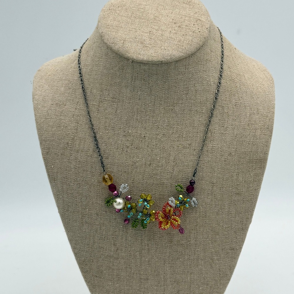 Handmade Beaded Floral Bib Necklace Faux Pearl Crystal Gunmetal Chain Multi
